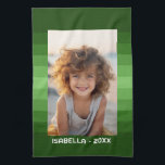 Retro Stripes - Christmas Green - Simple Photo Tea Towel<br><div class="desc">Shades of green stripe pattern with a simple text area for a name and date. Add your favourite selfie or family snapshot. Use a photo to create this unique and personal photo gift. The background includes a retro stripe pattern with a clean, modern update. If you need to adjust the...</div>