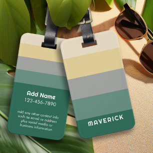 Retro Stripes Green Grey Simple Sans Serif Name Luggage Tag