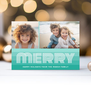 Retro Stripes in Aquamarine Blue - Merry 2 Photo Holiday Card