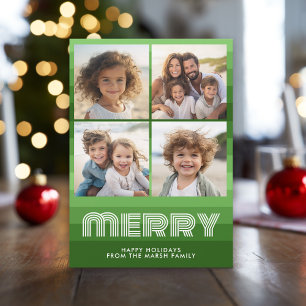 Retro Stripes in Olive Green - 4 Photo - Merry Holiday Card
