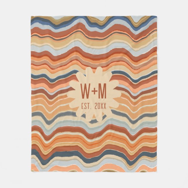 Retro Stripes Initials Boho Groovy 70s terracotta Fleece Blanket (Front)