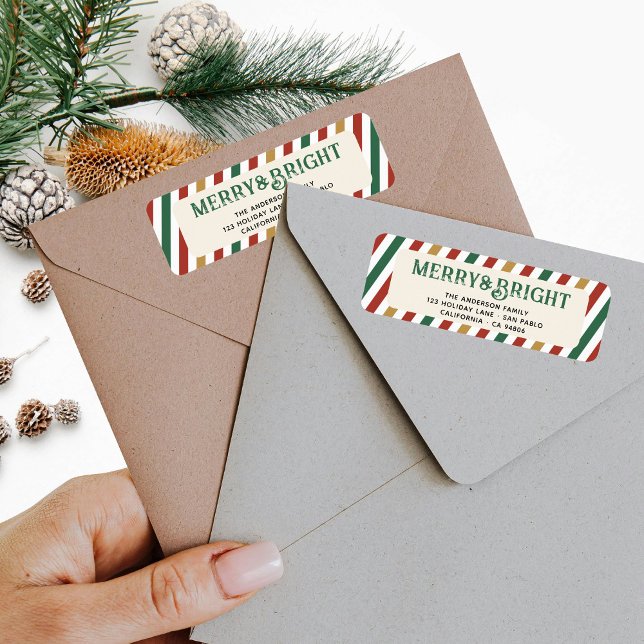 Retro Stripes Merry Bright Holiday Return Address Label (Creator Uploaded)