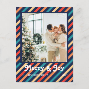 Retro Stripes Merry & Joy Family Photo Postcard
