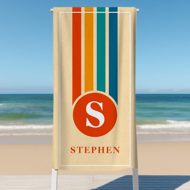 Retro Stripes Orange Monogram Name Personalised Beach Towel (Creator Uploaded)