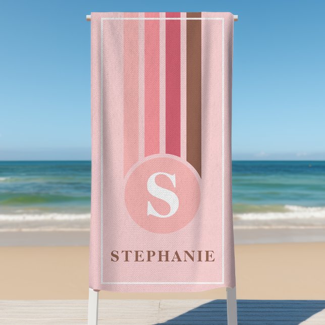 Retro Stripes Pink and Brown Monogram Name Beach Towel (Creator Uploaded)