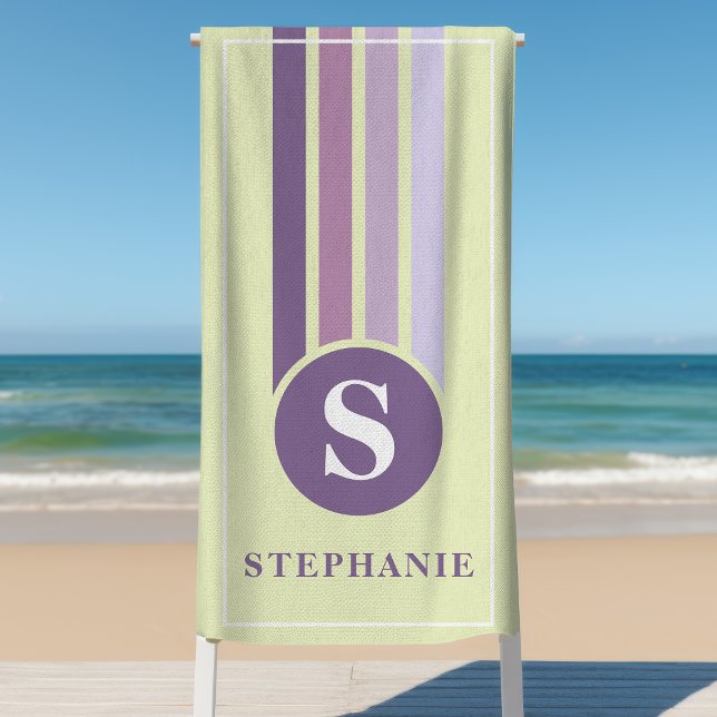 Retro Stripes Purple Monogram Name Personalised Beach Towel (Creator Uploaded)