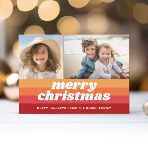 Retro Stripes Red Orange - Merry Photo - 70s Vibe Holiday Card