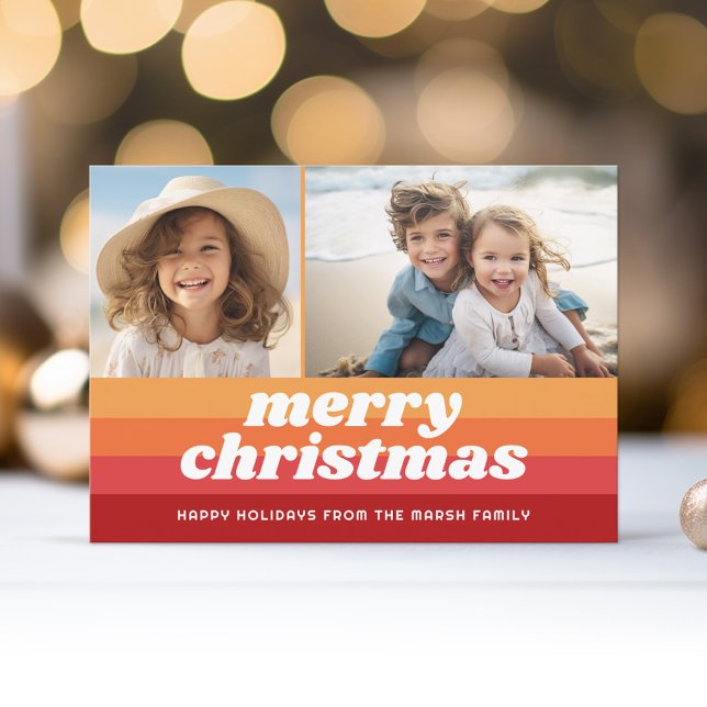 Retro Stripes Red Orange - Merry Photo - 70s Vibe Holiday Card (Retro Stripe Christmas Card with 2 Photos - Vibrant Reds - Print and Download Option)