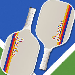 Retro Stripes Script Personalised Name Monogram Pickleball Paddle