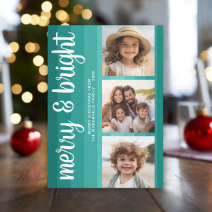 Retro Stripes - Teal - 3 Photos - merry bright Holiday Card
