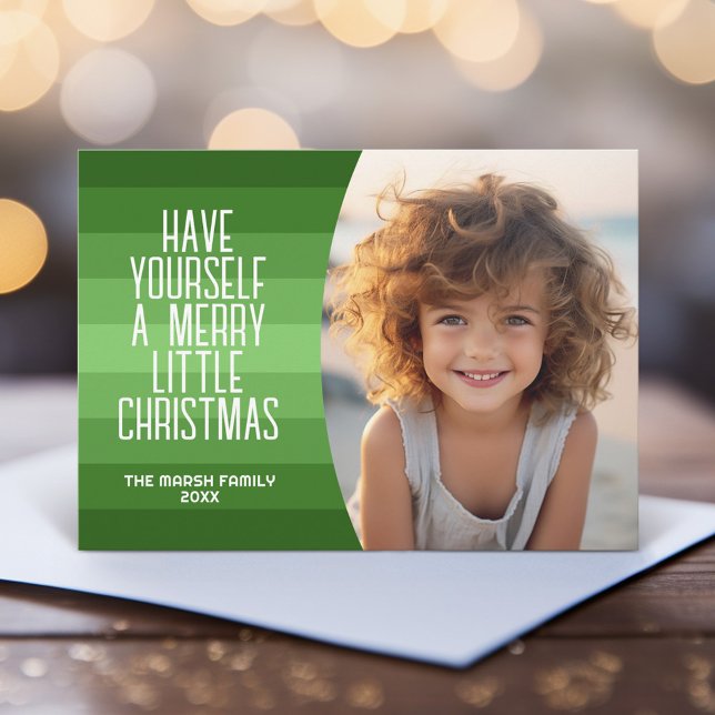 Retro Stripes with Curved Photo - Christmas Green Holiday Card (Simple, retro modern design with shades of green and a Christmas greeting - 1 vertical photo)