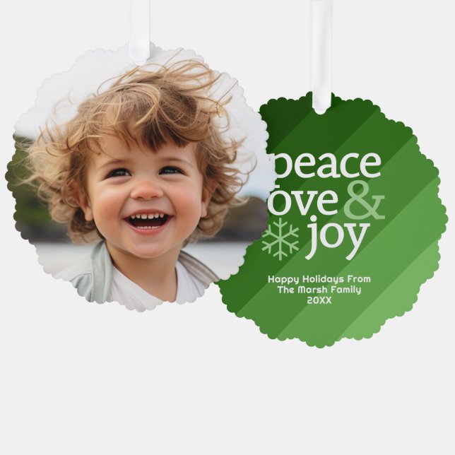 Retro Stripes with Photo - Peace Love Joy Green Tree Decoration Card (Front/Back)