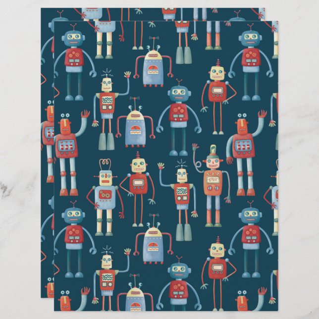 Retro Style 1950s Vintage Robots Scrapbook Paper (Front/Back)