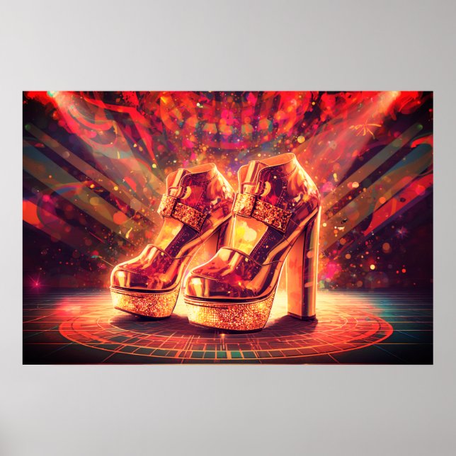 Retro Style 1970s Gold Stack Disco Shoes on Large  Poster (Front)