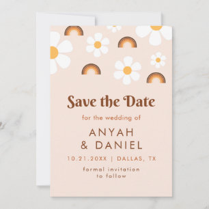 Retro Style 70s Rainbow & Daisy Groovy Hippie Save The Date