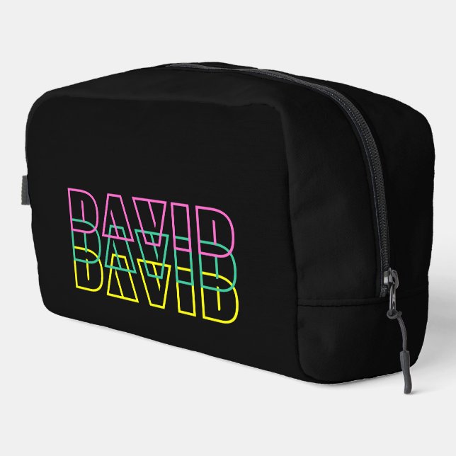 Retro style 80s neon text personalised toiletry dopp kit (Right Corner)