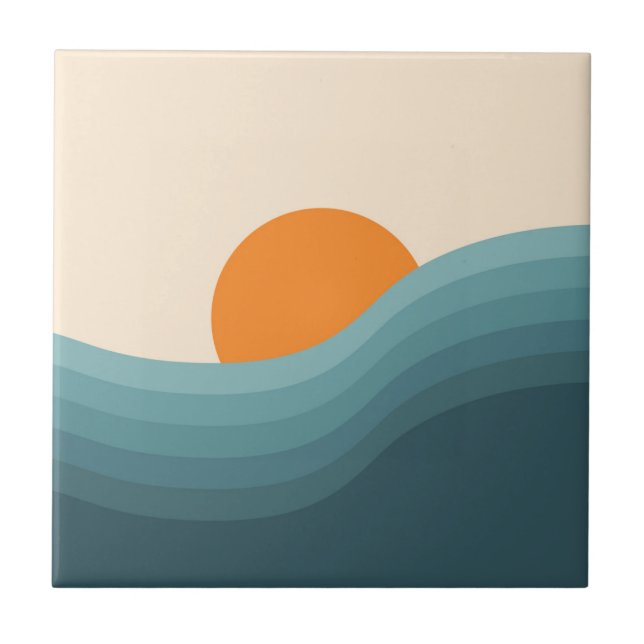 Retro style abstract sunset landscape ceramic tile (Front)