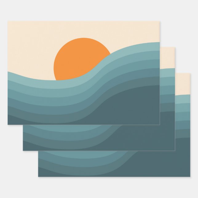 Retro style abstract sunset landscape wrapping paper sheet (Set)