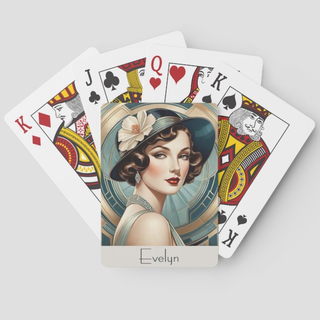 Retro Style Art Deco Inspired Portrait Woman Lady Playing Cards (Back)