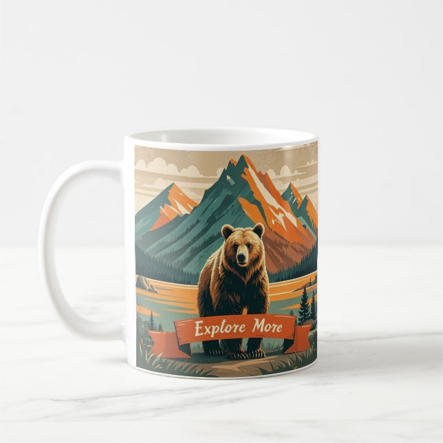 Retro-style bear cartoon and mountain range coffee mug (Left)