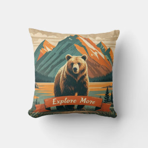 Retro-style bear cartoon and mountain range cushion