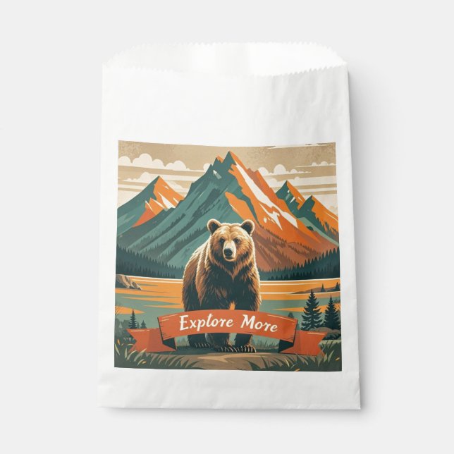Retro-style bear cartoon and mountain range favour bag (Front)
