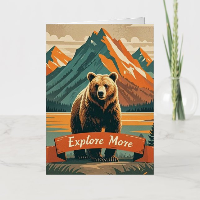 Retro-style bear cartoon and mountain range foil greeting card (Front)