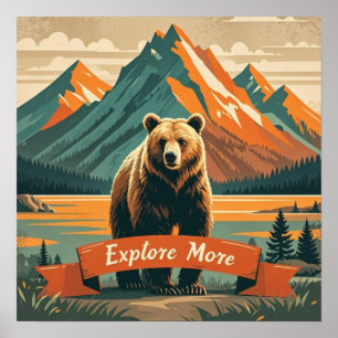 Retro-style bear cartoon and mountain range poster