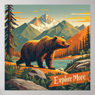 Retro-style bear cartoon and mountain range Poster