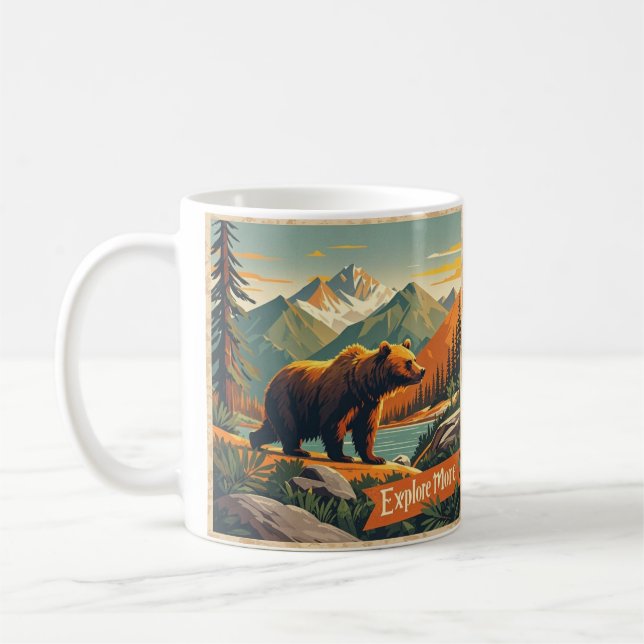 Retro-style bear cartoon and mountain range Poster Coffee Mug (Left)