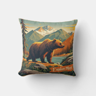 Retro-style bear cartoon and mountain range Poster Cushion