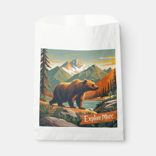 Retro-style bear cartoon and mountain range Poster Favour Bag