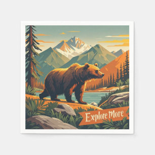 Retro-style bear cartoon and mountain range Poster Napkin