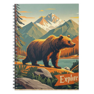 Retro-style bear cartoon and mountain range Poster Notebook