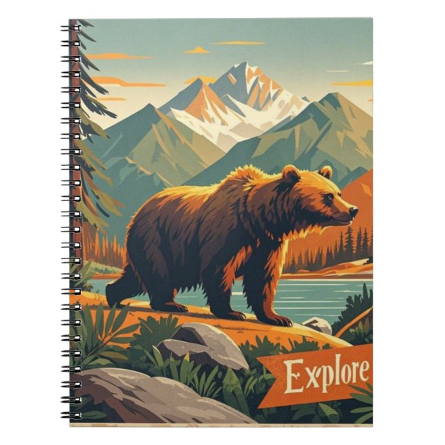Retro-style bear cartoon and mountain range Poster Notebook (Front)