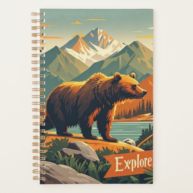 Retro-style bear cartoon and mountain range Poster Planner (Front)