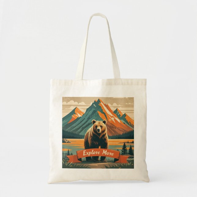 Retro-style bear cartoon and mountain range tote bag (Front)