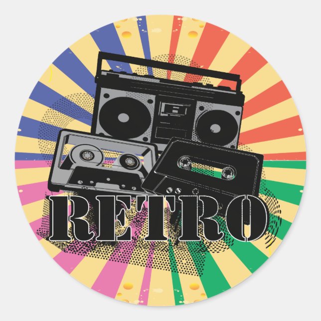 Retro style boom box and cassettes classic round sticker (Front)