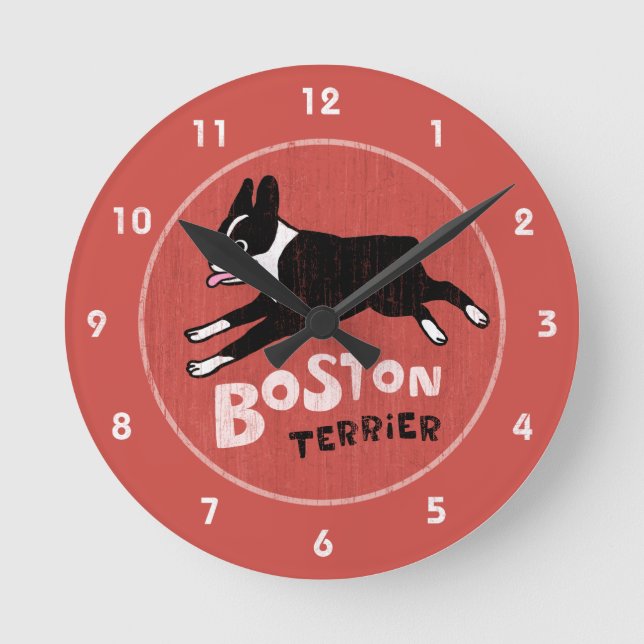 Retro Style Boston Terrier Jumping Dog Round Clock (Front)