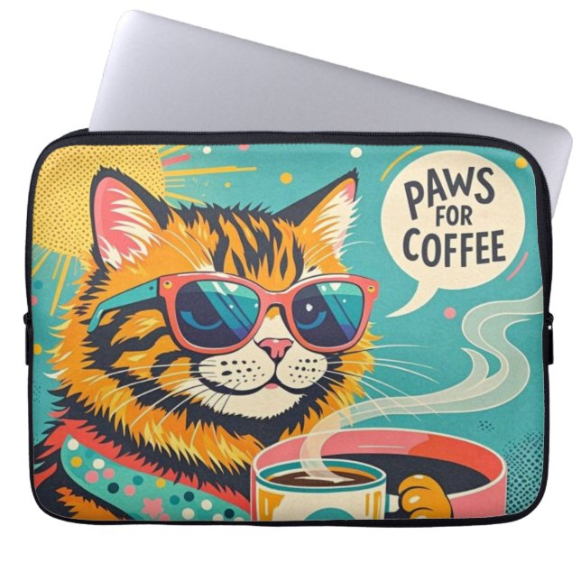 Retro-style cartoon cat wearing oversized sunglass laptop sleeve (Front)