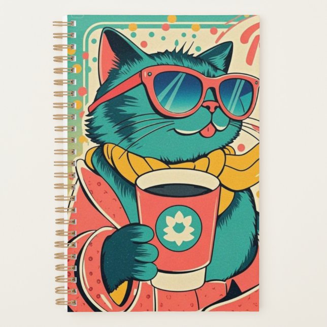 Retro-style cartoon cat wearing oversized sunglass planner (Front)