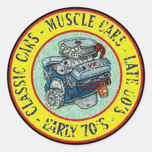 RETRO STYLE CARTOON CLASSIC V-8 ENGINE ROUND STICKER (Front)
