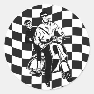 Retro style check scooter boy and girl classic round sticker