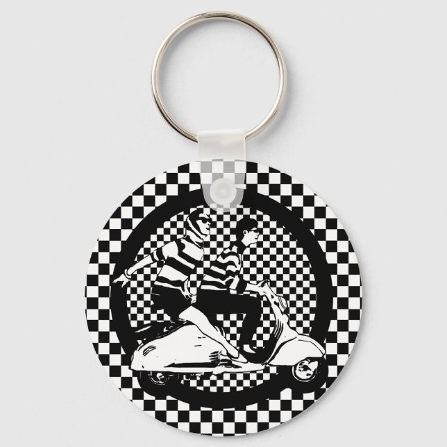 Retro style check scooter couple key ring (Front)