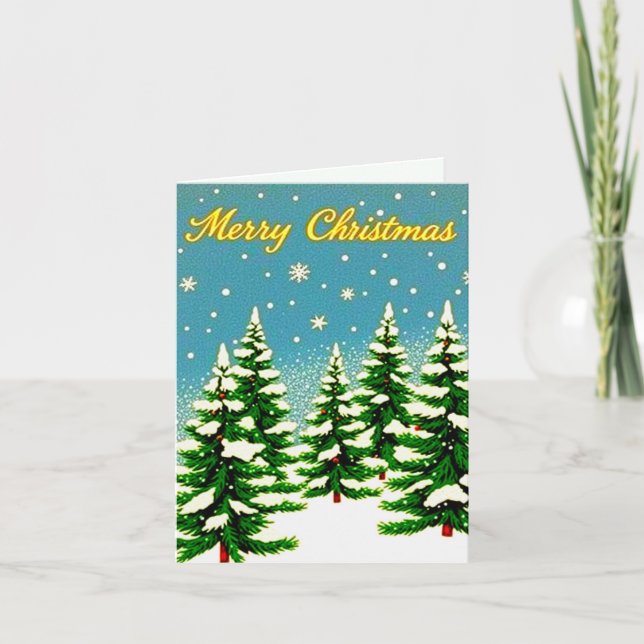 Retro Style Christmas Card with Trees (Front)