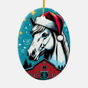 Retro Style Christmas Horse and Barn Ceramic Ornament