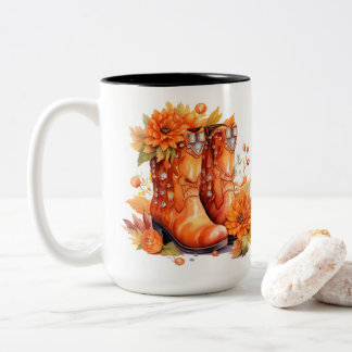 Retro Style Cowboy Boots - Autumn Leaves Two-Tone Coffee Mug
