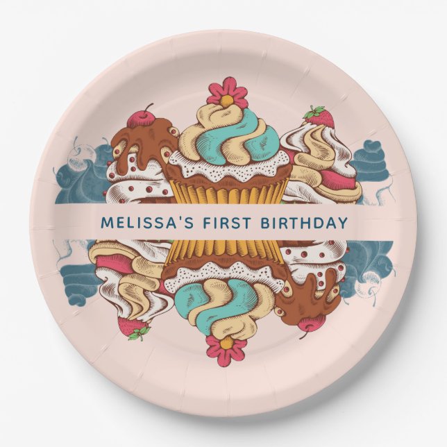 Retro Style Cupcakes Sweet Dessert 1st Birthday Paper Plate (Front)