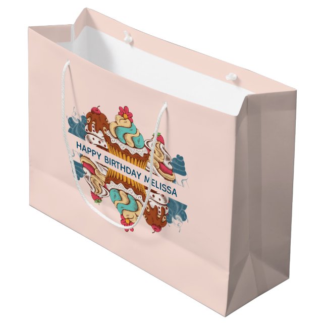 Retro Style Cupcakes Sweet Dessert Birthday Large Gift Bag (Front Angled)