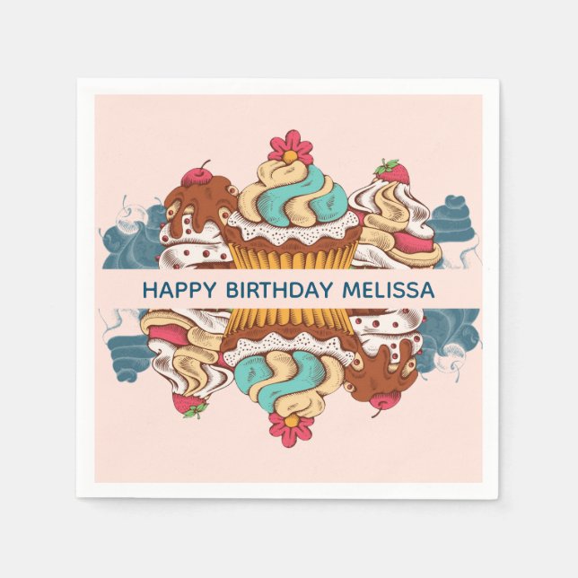 Retro Style Cupcakes Sweet Dessert Birthday Napkin (Front)